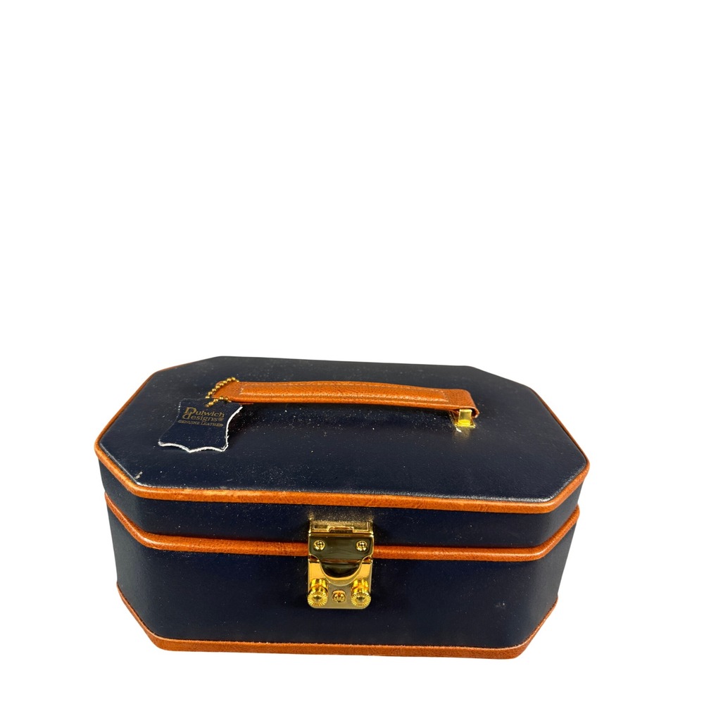 Dulwich Designs Navy Blue Leather Jewelry Box Octagon Gold Clasp Travel Case